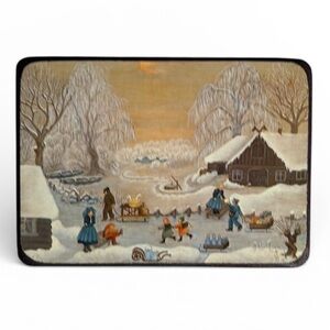 Miniature Les Editions Braun Paris Winter Village Wood Plaque Folk Art 6x4
